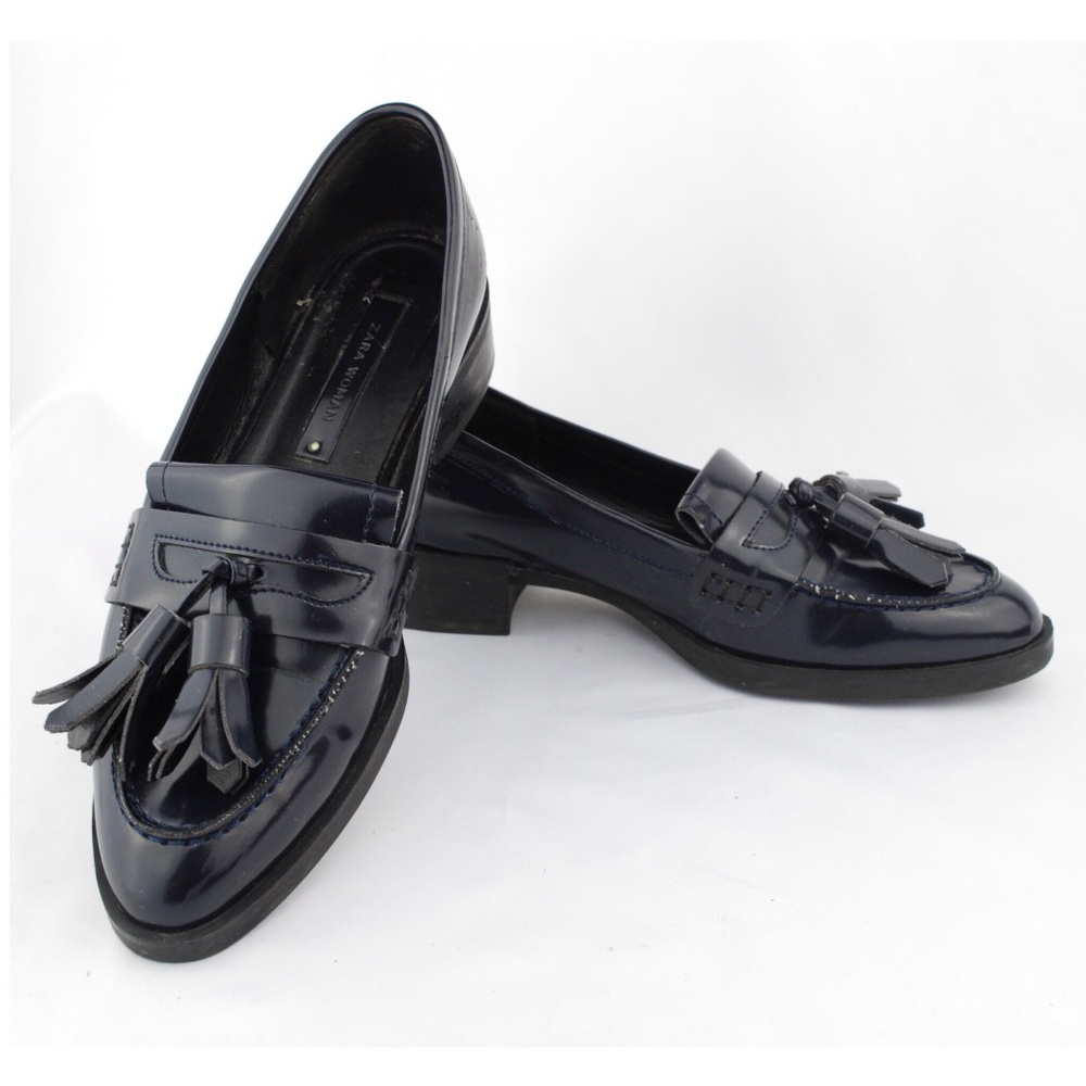 ZARA Women Navy Blue Flats Tassel Penny Loafers - Picture 1 of 8